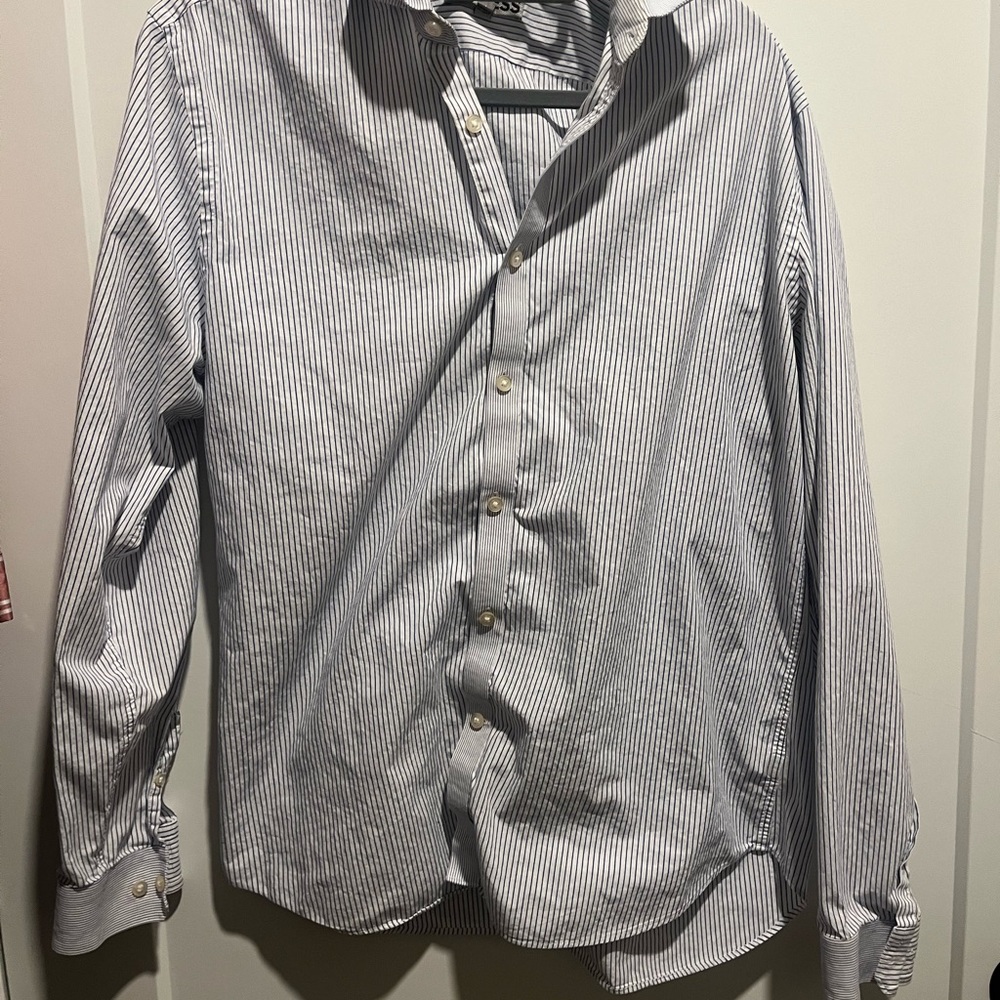 Express Men's Blue and White Striped Shirt